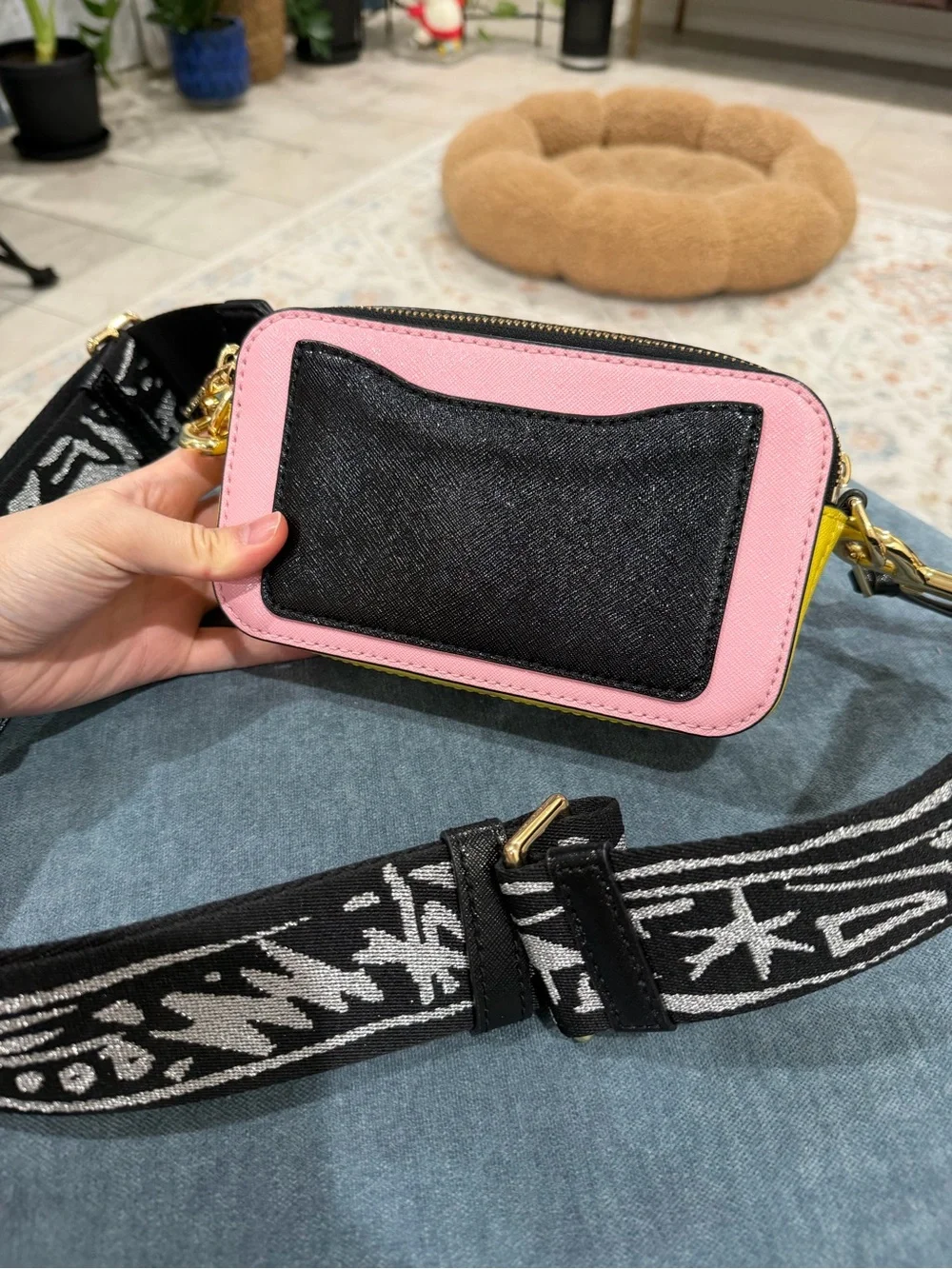 Marc Jacobs Pink Snapshot DTM Crossbody with Black Strap